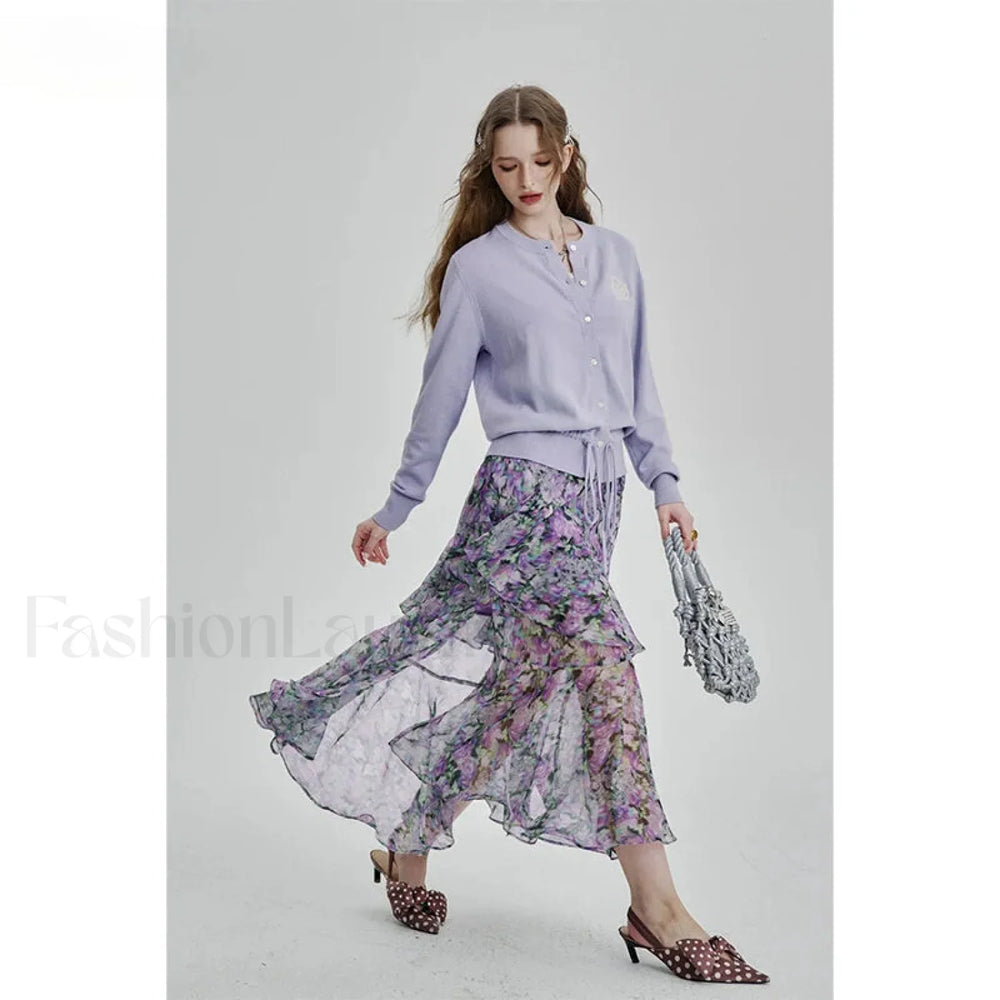 Floral Chiffon Ruffled Slit Skirt Purple / S