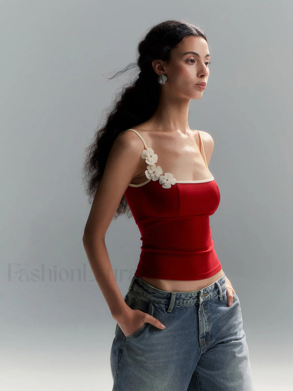 Floral Contrast Trim Bodycon Cami Top Red / XS Tank Tops & Camis