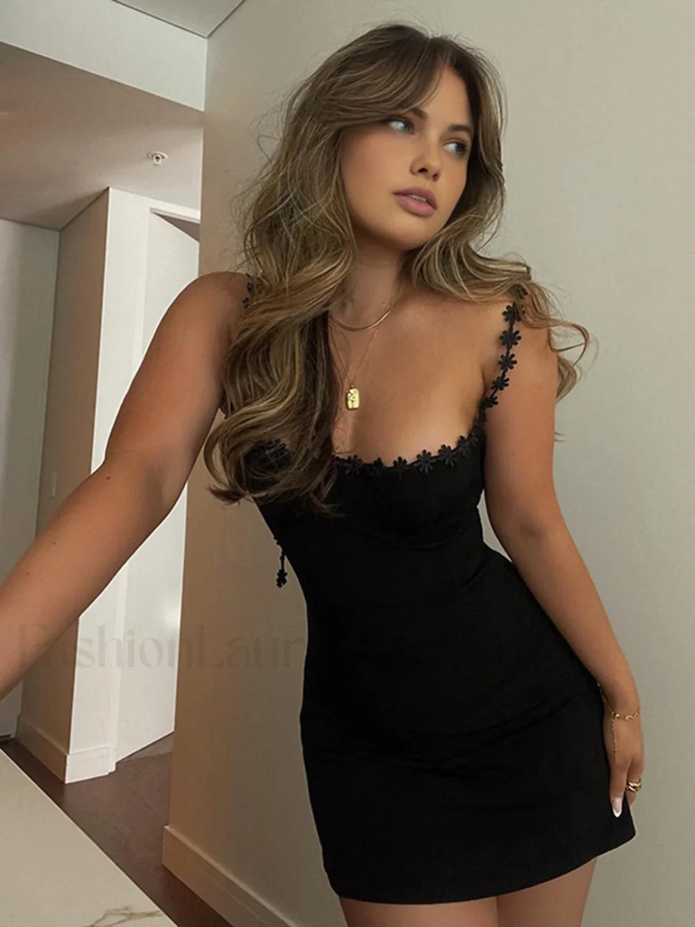 Floral Contrast Trim Low Cut Cami Mini Dress Black / XS Dresses