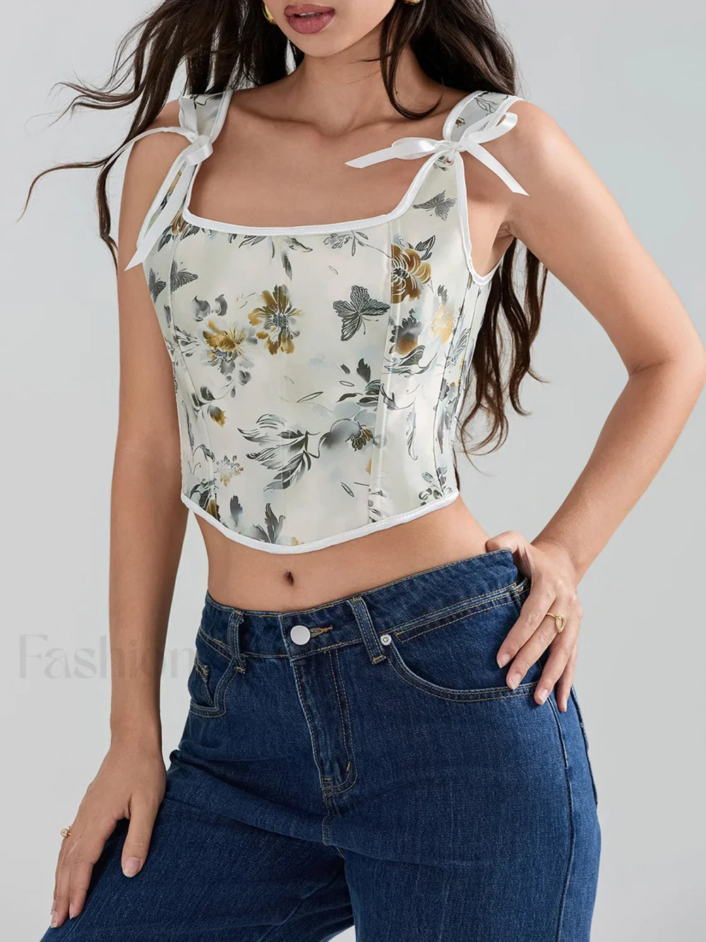 Floral Corset Square Neck Crop Top