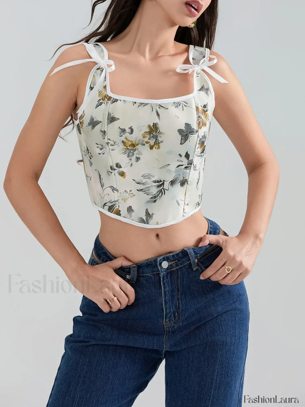 Floral Corset Square Neck Crop Top Grey / S
