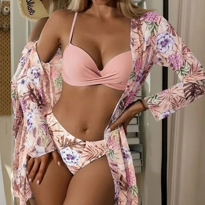 Floral Cover Up Bikini Three Piece Set