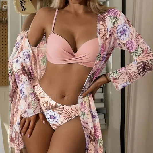 Floral Cover Up Bikini Three Piece Set