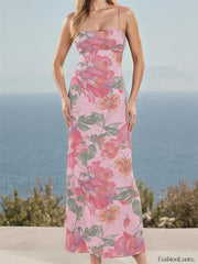 Floral Criss Cross Strap Maxi Dress pink / S