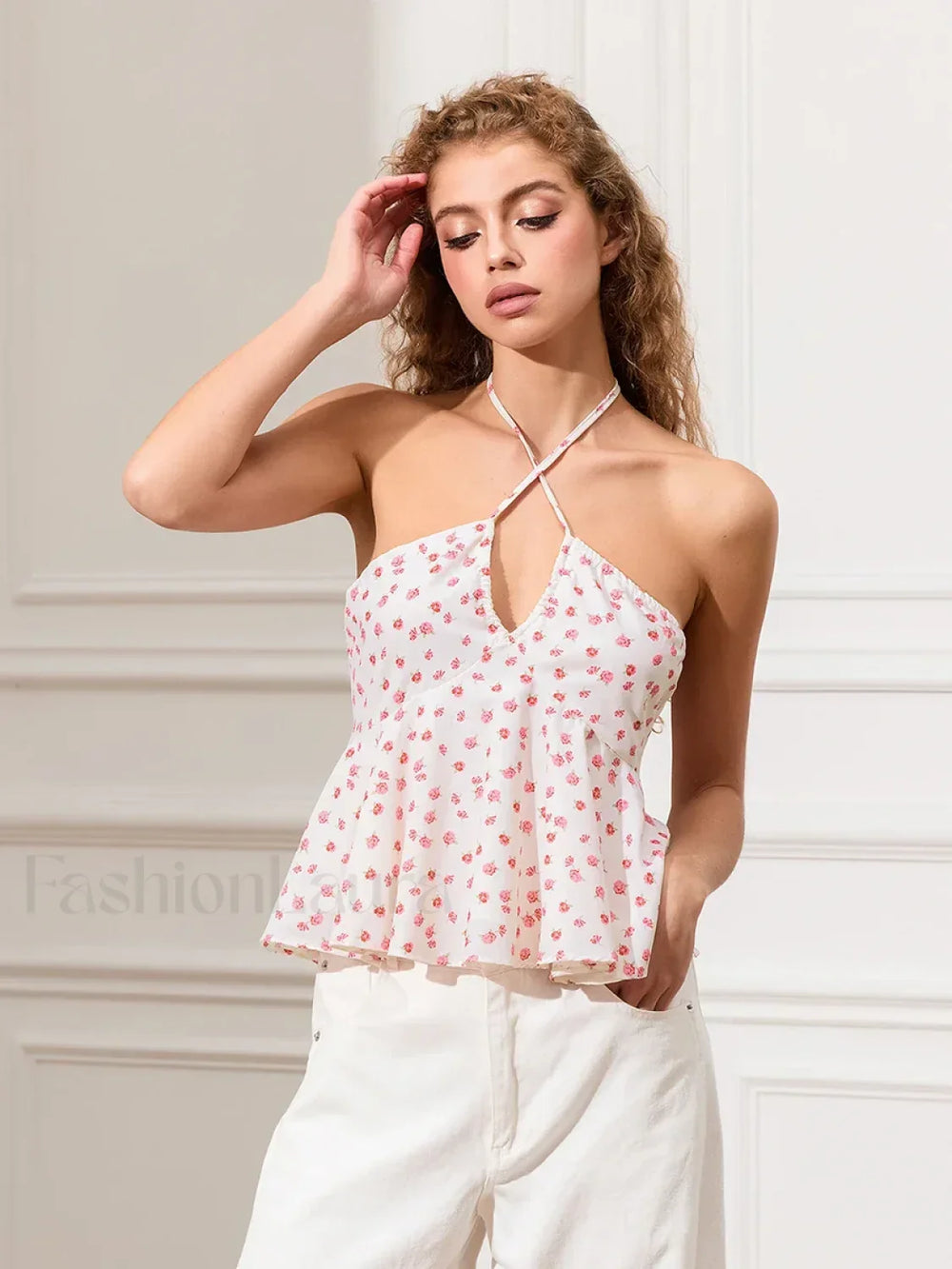 Floral Cross Halter Peplum Crop Top