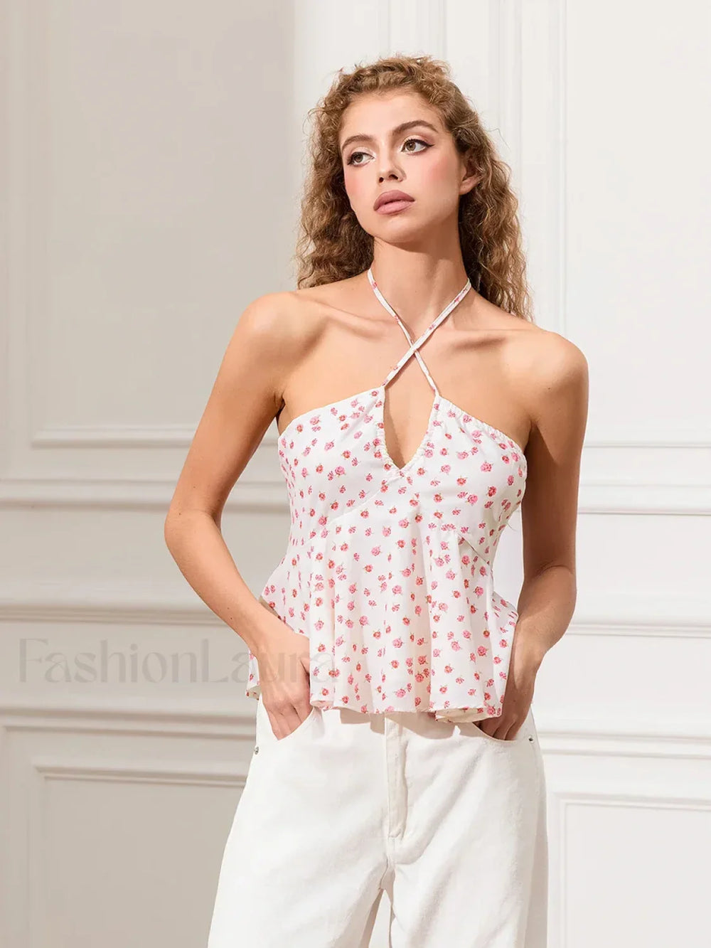Floral Cross Halter Peplum Crop Top Pink / S