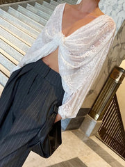 Floral Decor Twisted Trendy Lace Semi sheer Blouse Blouses