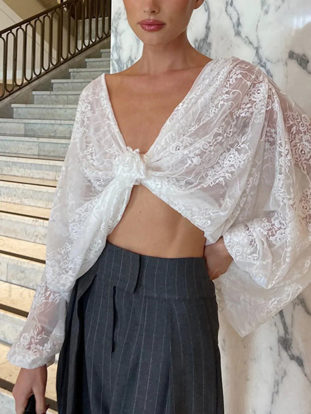 Floral Decor Twisted Trendy Lace Semi sheer Blouse White / S Blouses