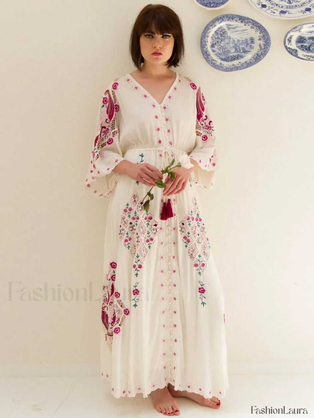 Floral Embroidered Batwing Boho Dress WHITE / S