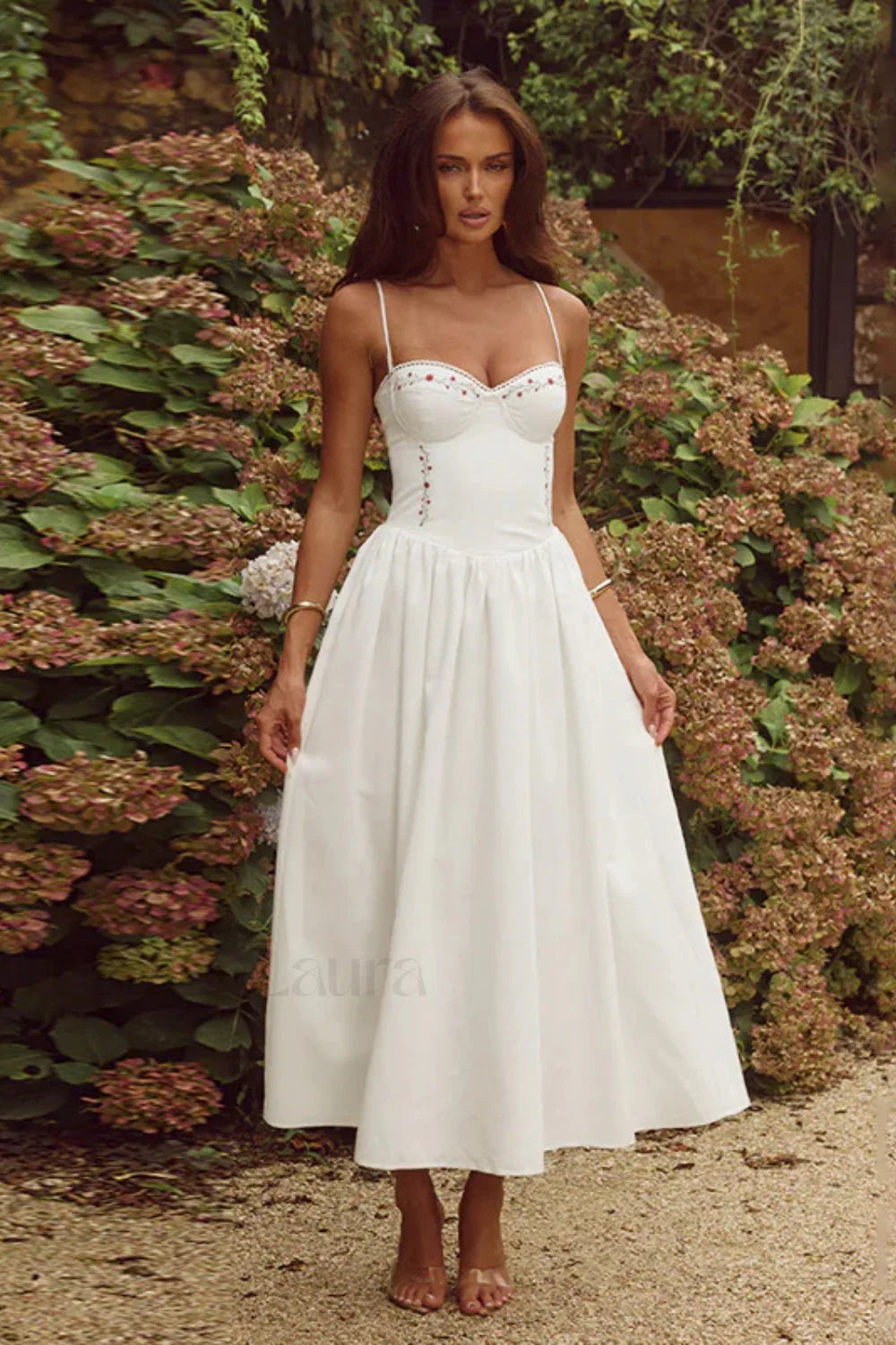 Floral Embroidered Waist A Line Strappy Maxi Dress White / XS