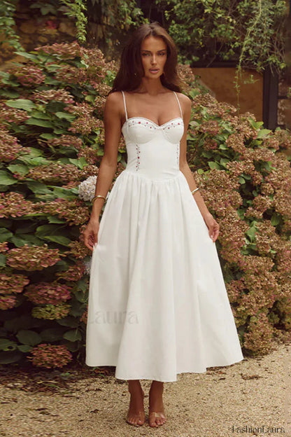 Floral Embroidered Waist A Line Strappy Maxi Dress White / XS