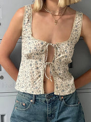 Floral Front Tie Slim Crop Top BEIGE / S