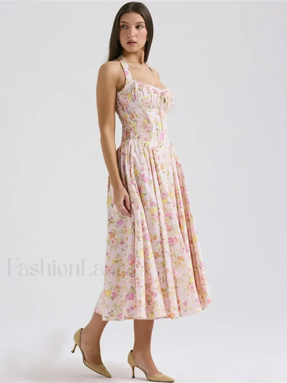 Floral Halter Backless Midi Dress