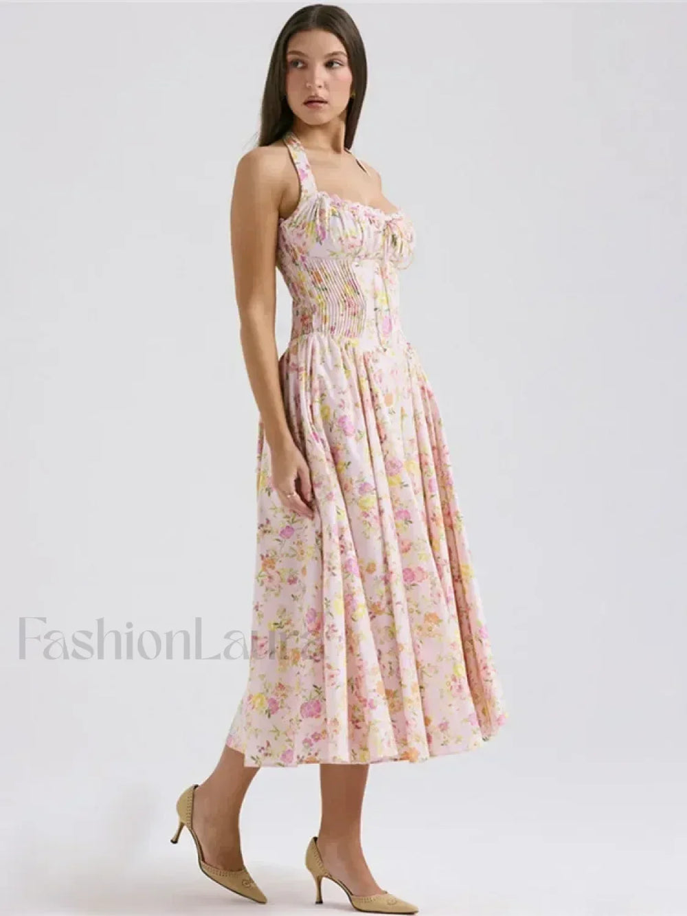 Floral Halter Backless Midi Dress