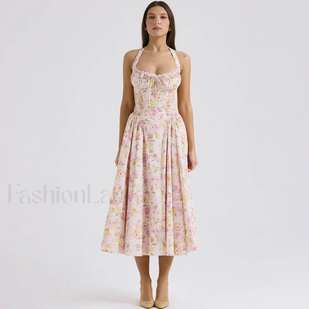Floral Halter Backless Midi Dress pink / S