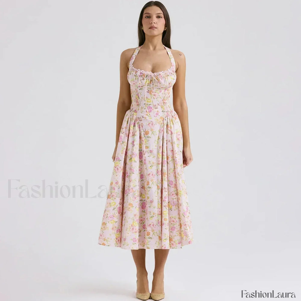 Floral Halter Backless Midi Dress pink / S