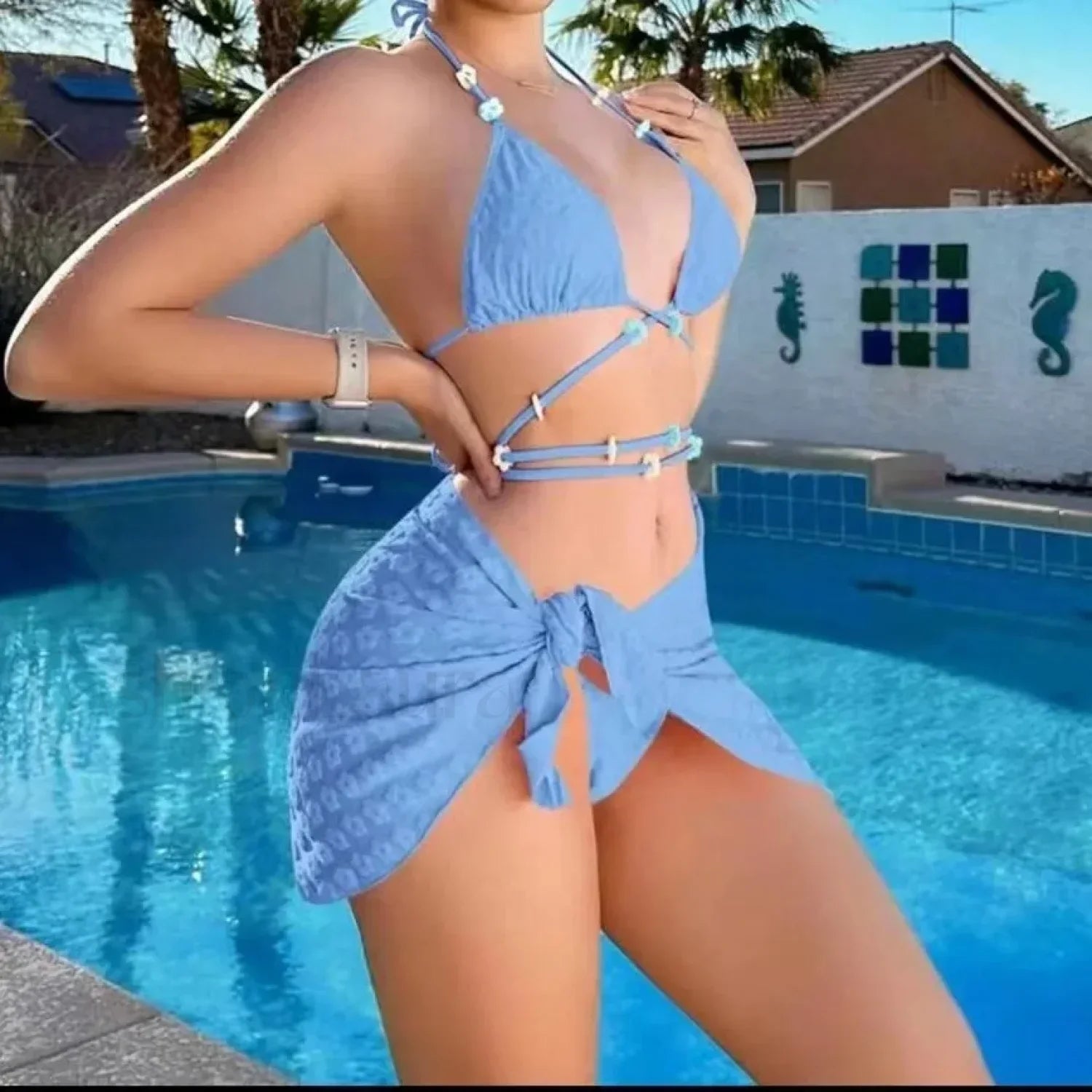 Floral Halter Swim Three Piece Set SKY BLUE / S