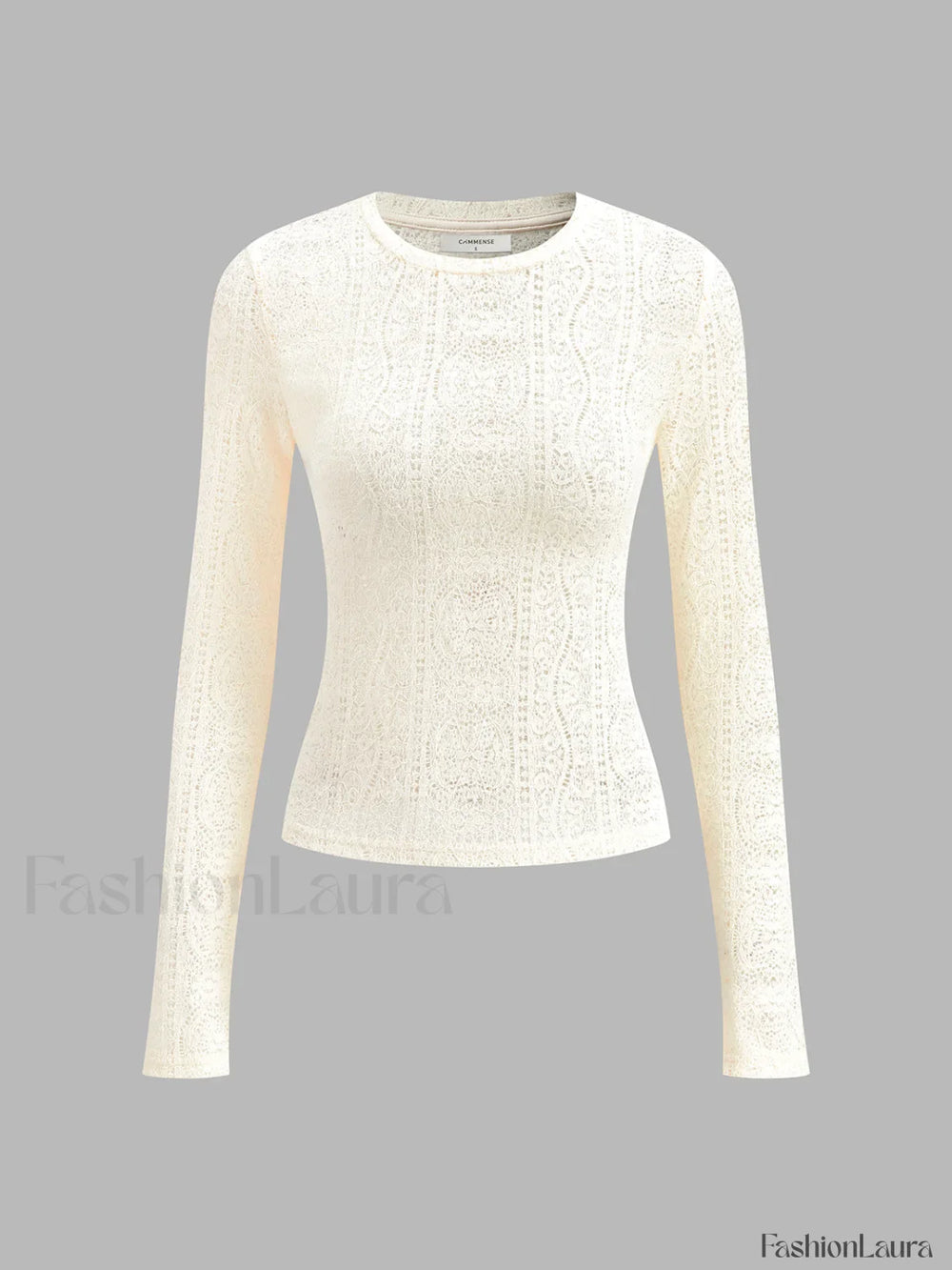 Floral Hollow Knit Crew Neck Long Sleeve Top T Shirts