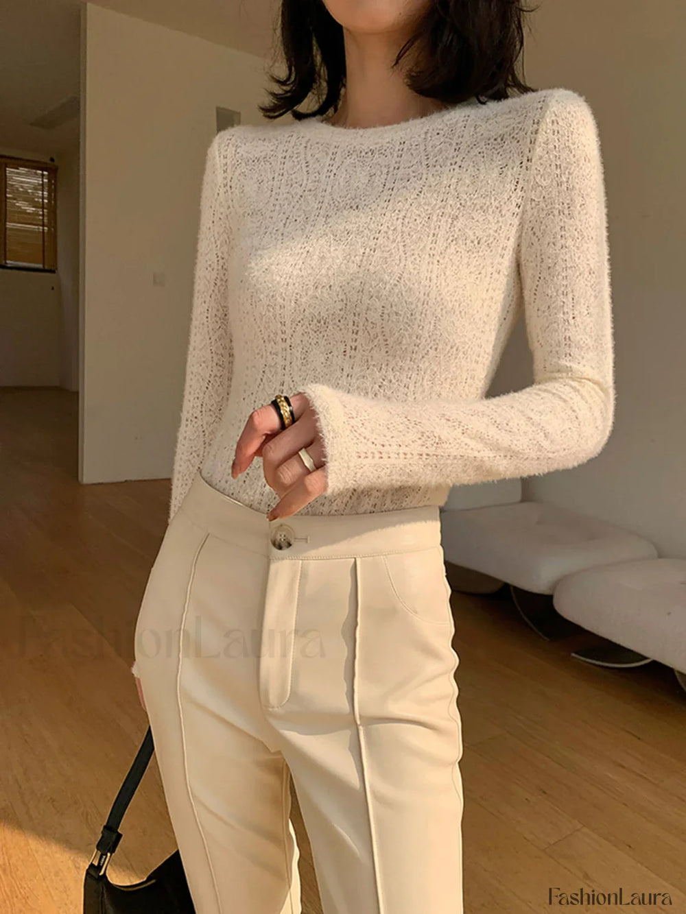 Floral Hollow Knit Crew Neck Long Sleeve Top T Shirts