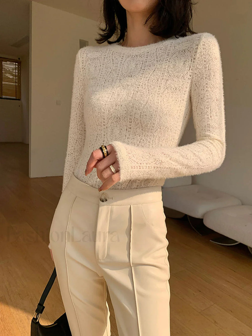 Floral Hollow Knit Crew Neck Long Sleeve Top T Shirts