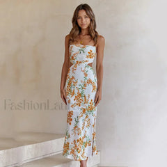 Floral Hollow Out Midi Dress Brown / S