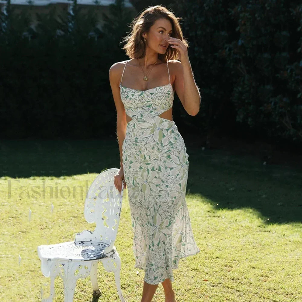 Floral Hollow Out Midi Dress Mint / S