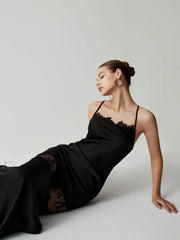 Floral Lace Graceful Satin Long Dress Black / XS Dresses