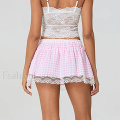 Floral Lace Patchwork Mini Skirt Pink / S