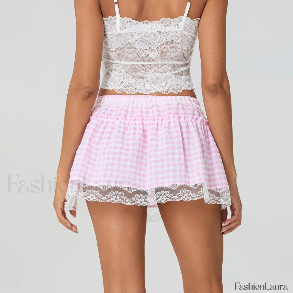 Floral Lace Patchwork Mini Skirt Pink / S