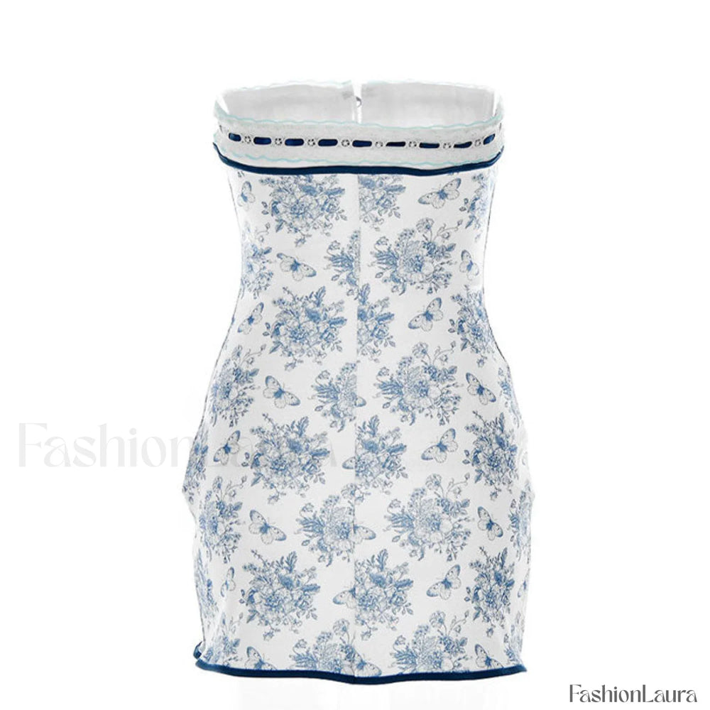 Floral Lace Trim Tie Front Strapless Mini Dress Blue Strapless Dresses