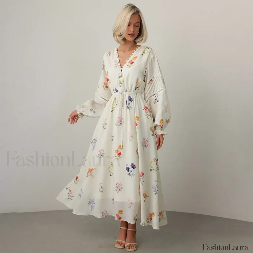 Floral Lantern Sleeve Boho Dress White / S