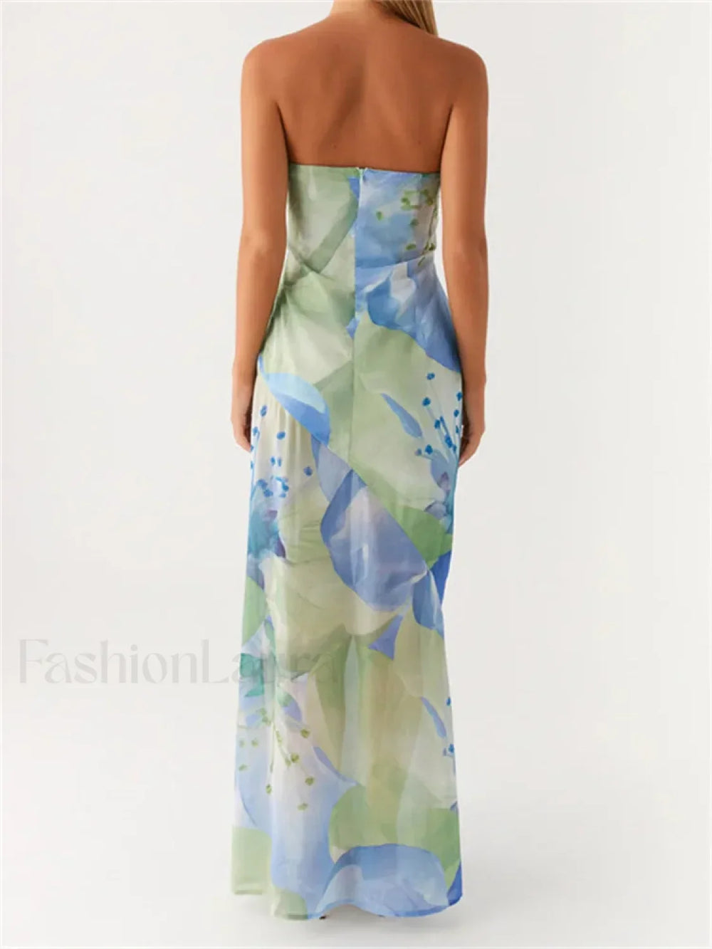 Floral Leaves Split Strapless Maxi Dress