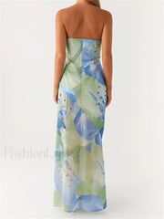 Floral Leaves Split Strapless Maxi Dress
