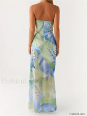 Floral Leaves Split Strapless Maxi Dress