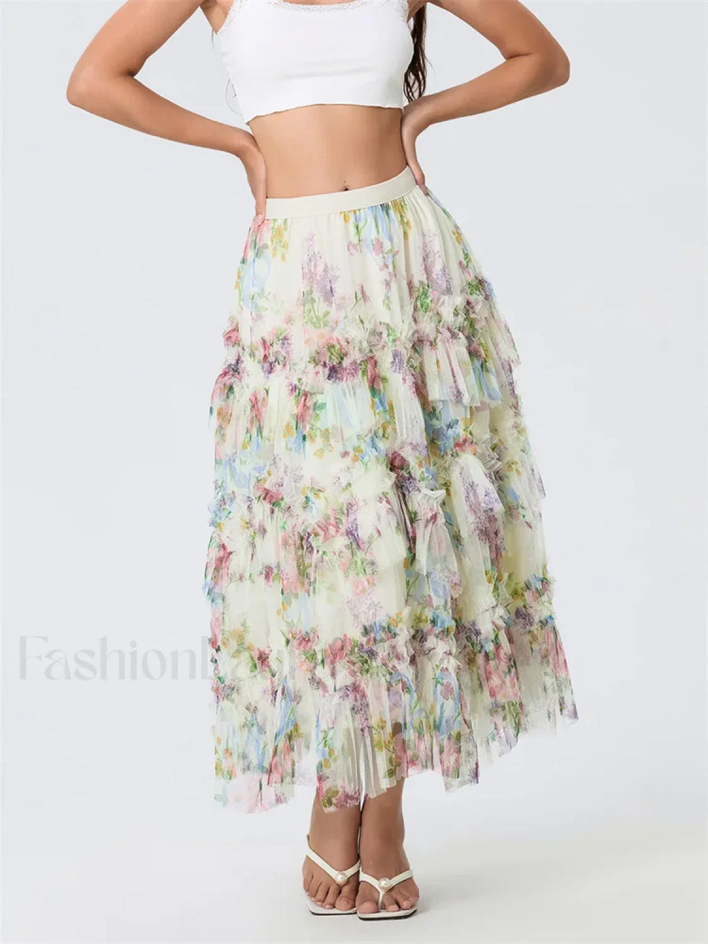 Floral Mesh Tiered Tulle Skirt