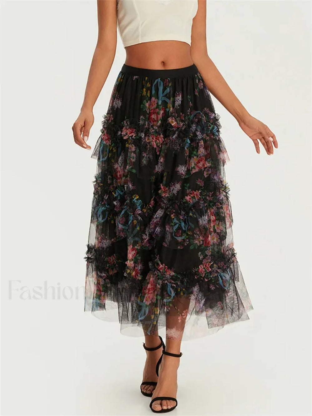 Floral Mesh Tiered Tulle Skirt