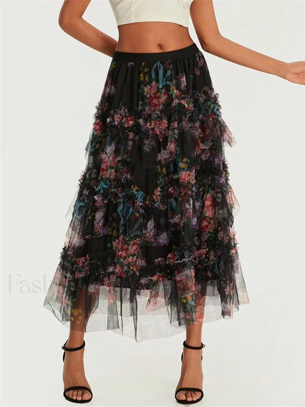 Floral Mesh Tiered Tulle Skirt BLACK / S