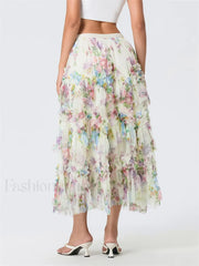 Floral Mesh Tutu Flowy Long Skirt