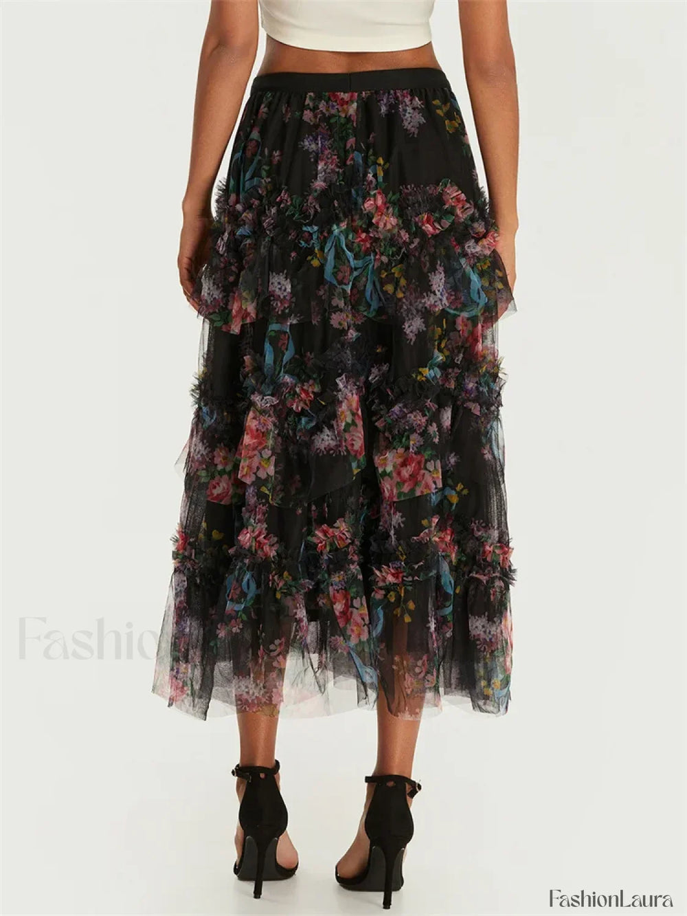 Floral Mesh Tutu Flowy Long Skirt