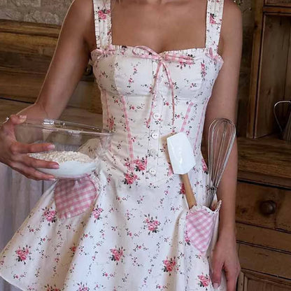 Floral Plaid Spliced Lace Sleeveless Mini Dress