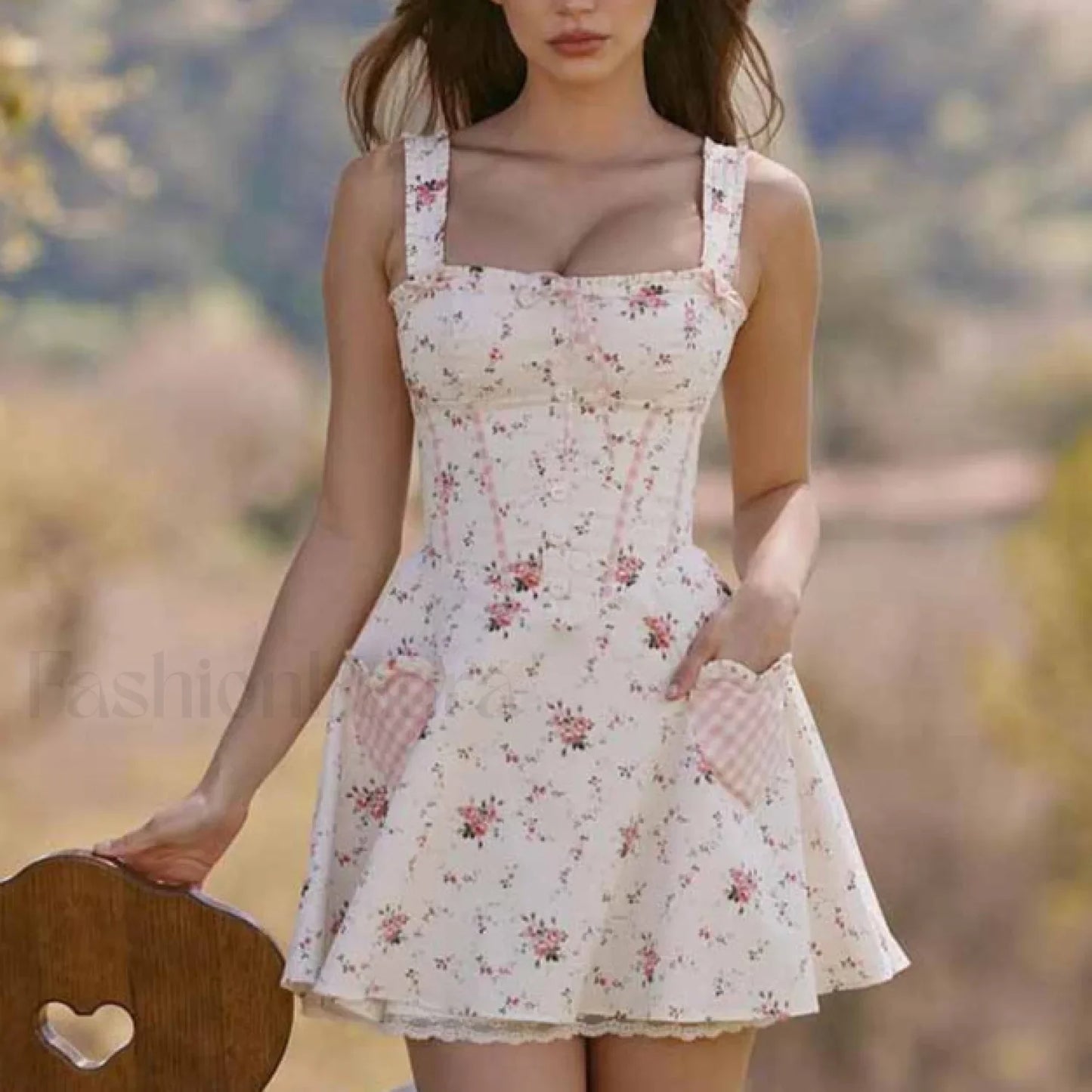 Floral Plaid Spliced Lace Sleeveless Mini Dress White Pink / S
