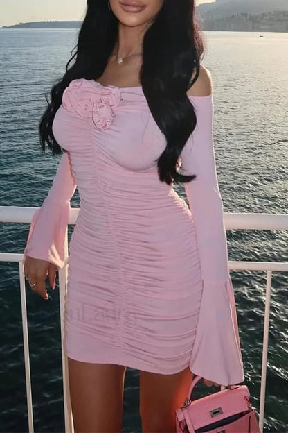 Floral Pleated Tube Top Flared Sleeve Mini Dress Pink / S