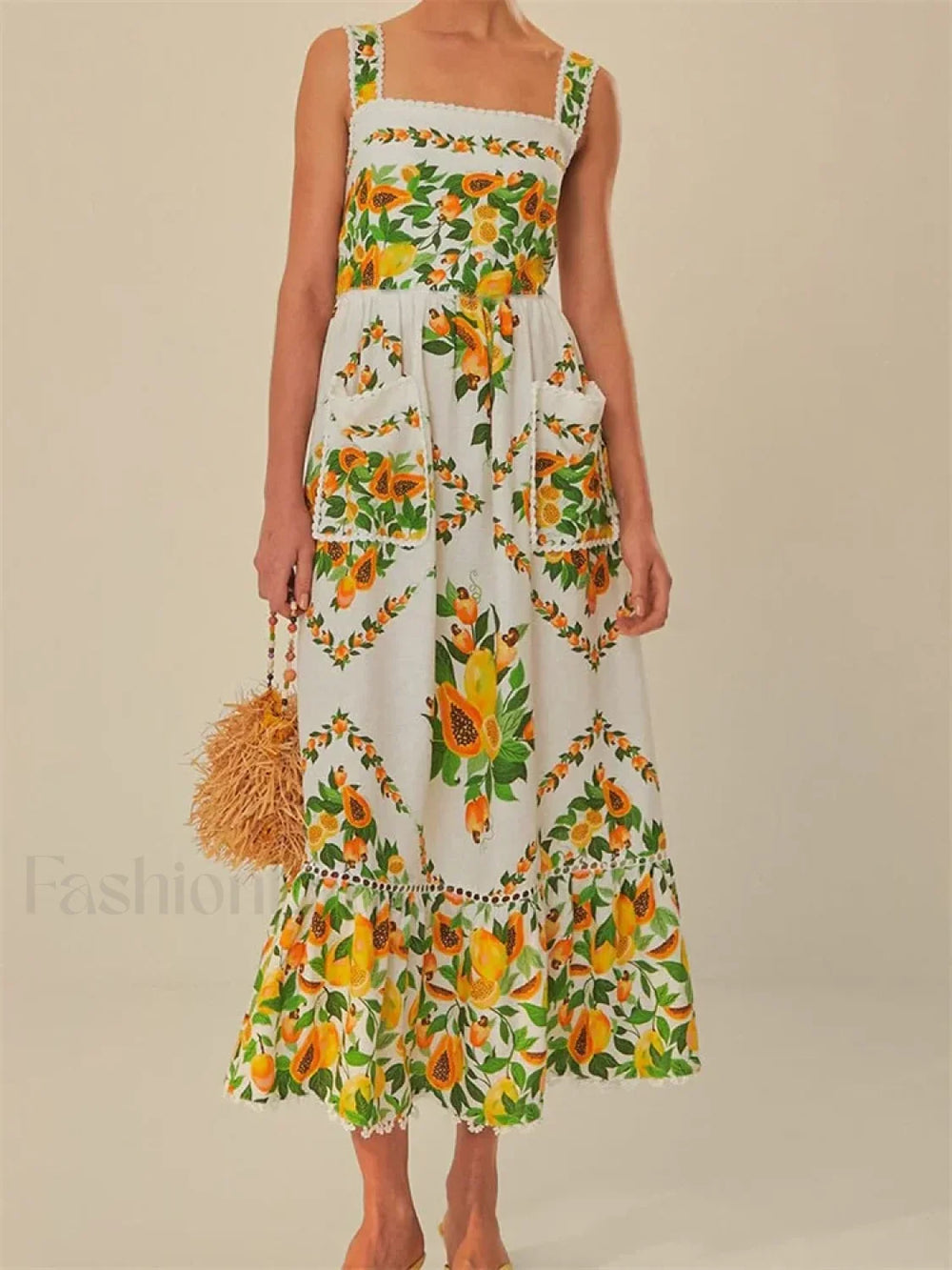 Floral Pocket Square Neck Maxi Dress green / S