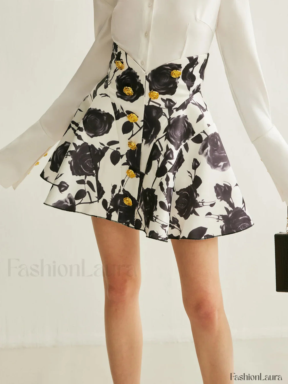 Floral Print Button Detail Skirt BlackandWhite / XS Skirts