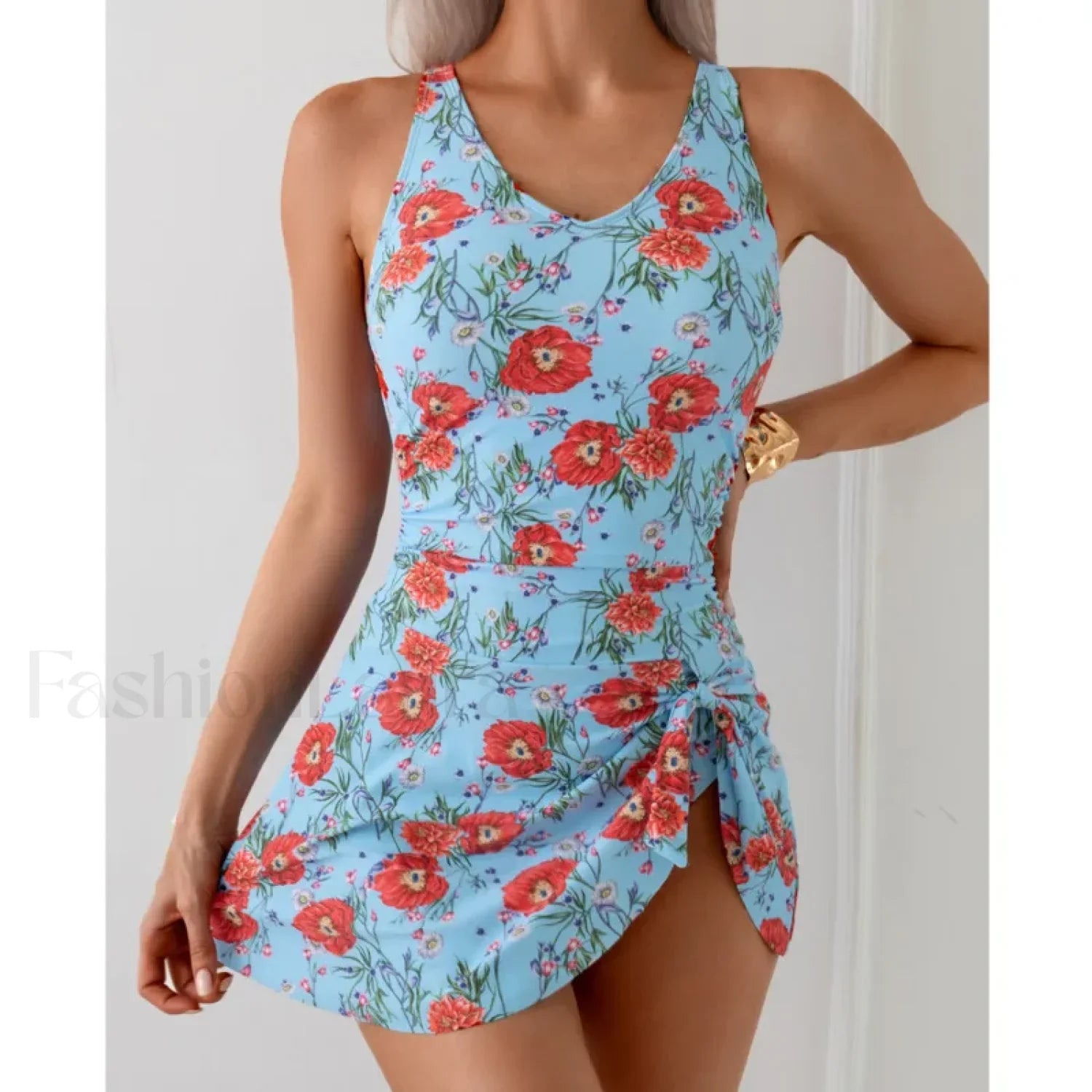 Floral Print Push Up Closed One Piece blue2 / S