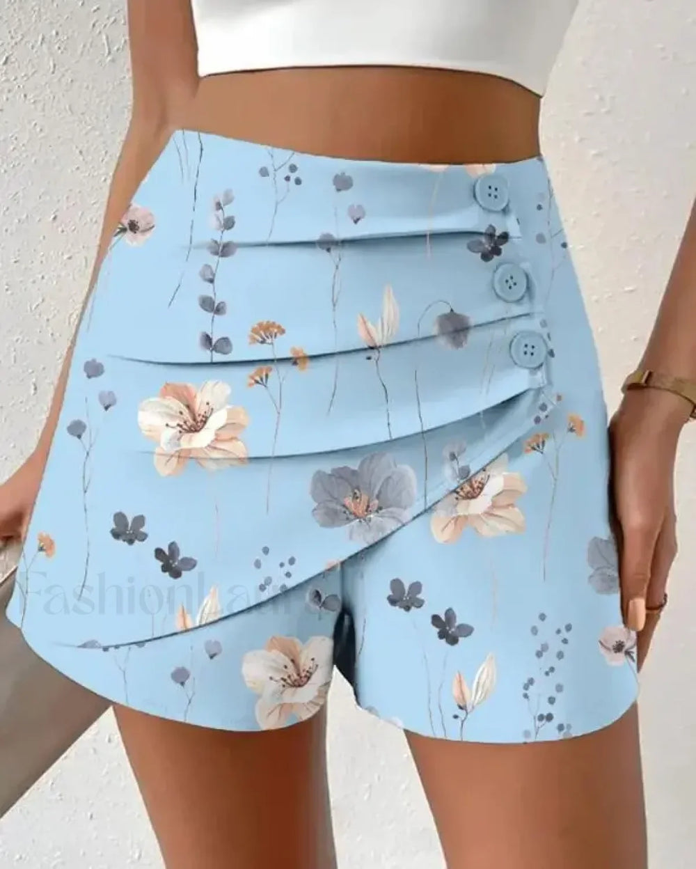 Floral Print Side Button Ruched Short