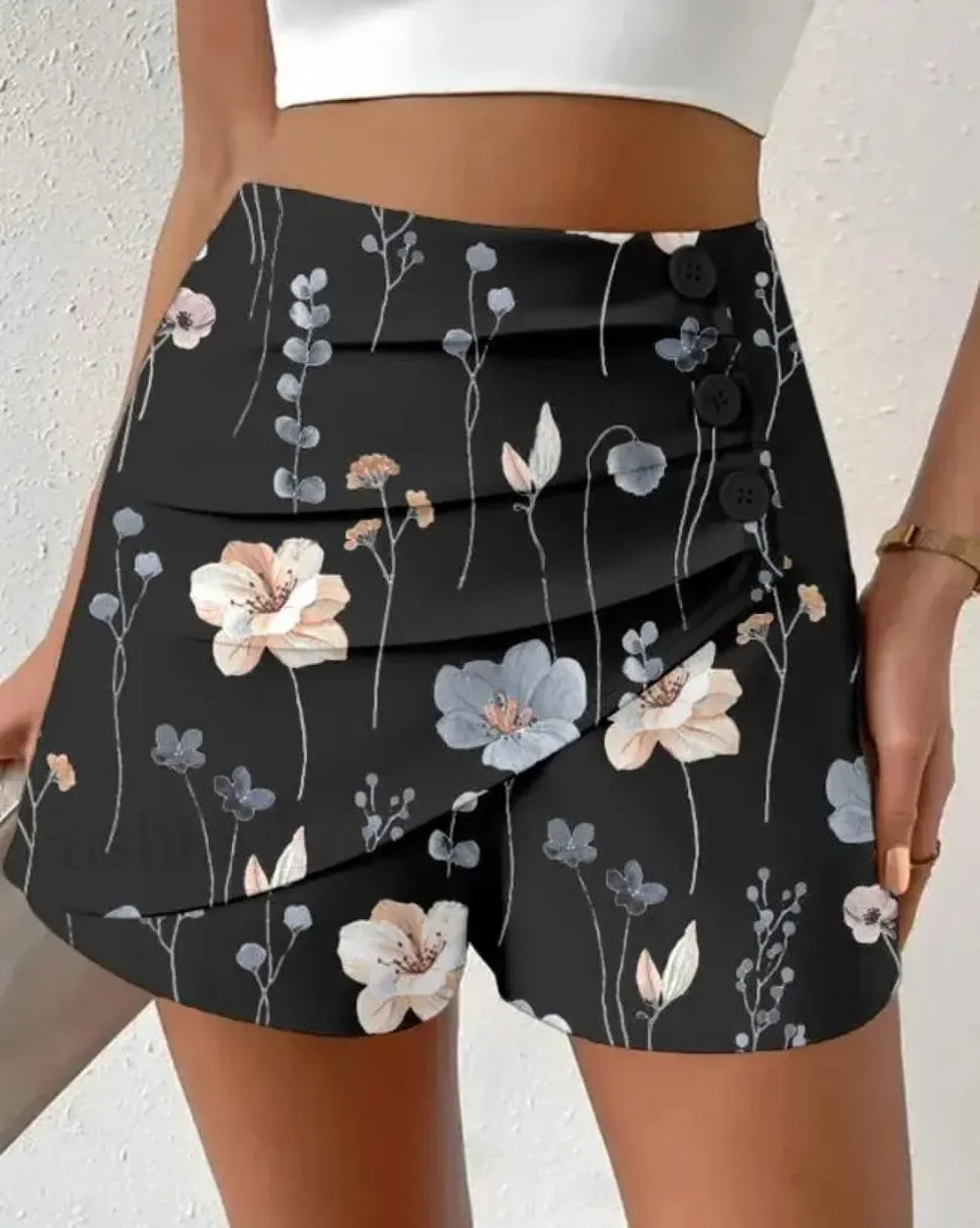 Floral Print Side Button Ruched Short black / S