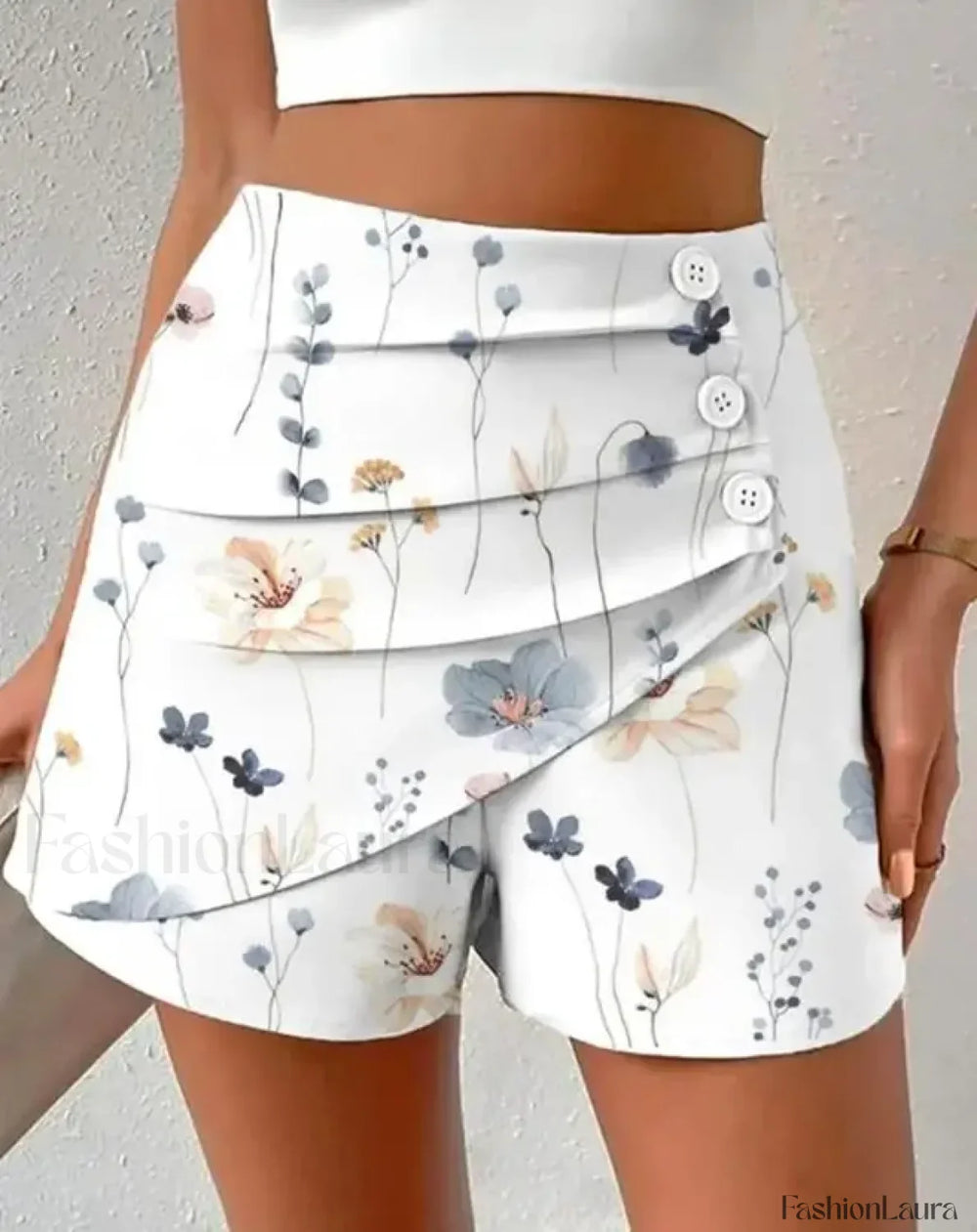 Floral Print Side Button Ruched Short white / S