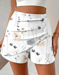 Floral Print Side Button Ruched Short white / S