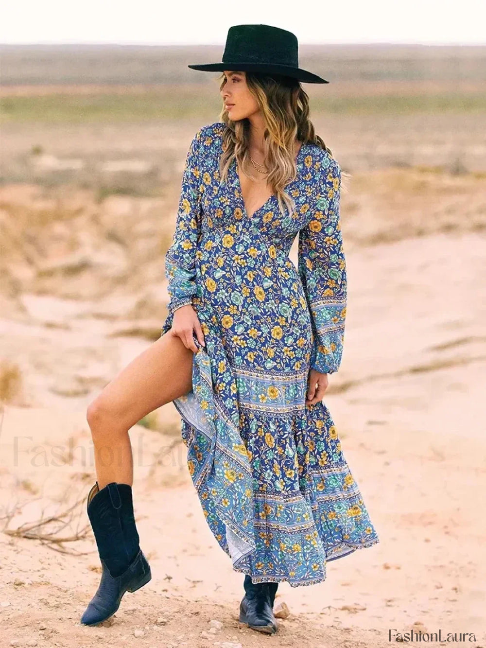 Floral Printed Sleeve Boho Dress blue Long dress / S